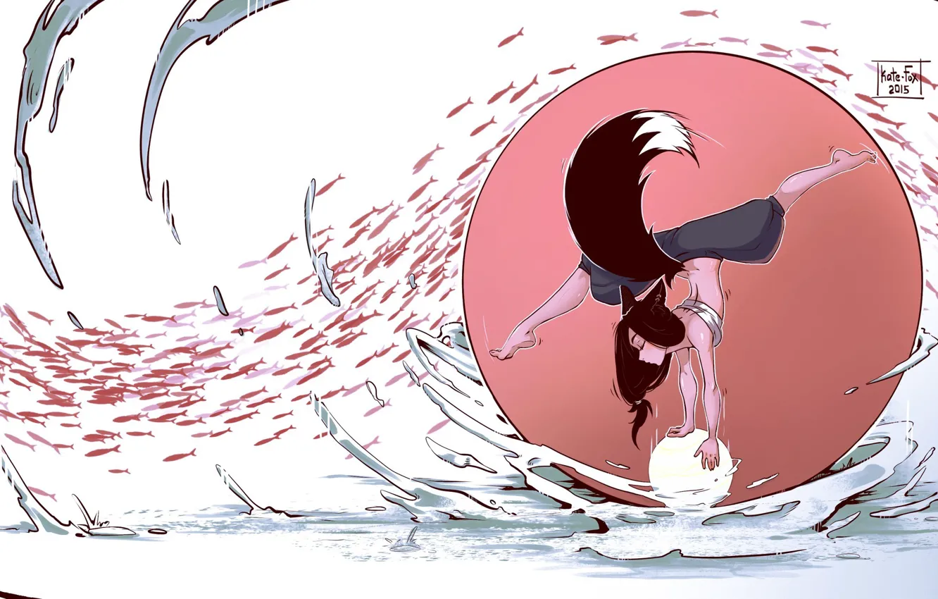 Photo wallpaper water, the sun, the moon, fish, grace, girl, Katrin, kitsune