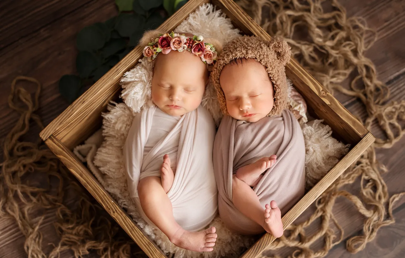 Photo wallpaper box, sleep, baby, wreath, cap, baby