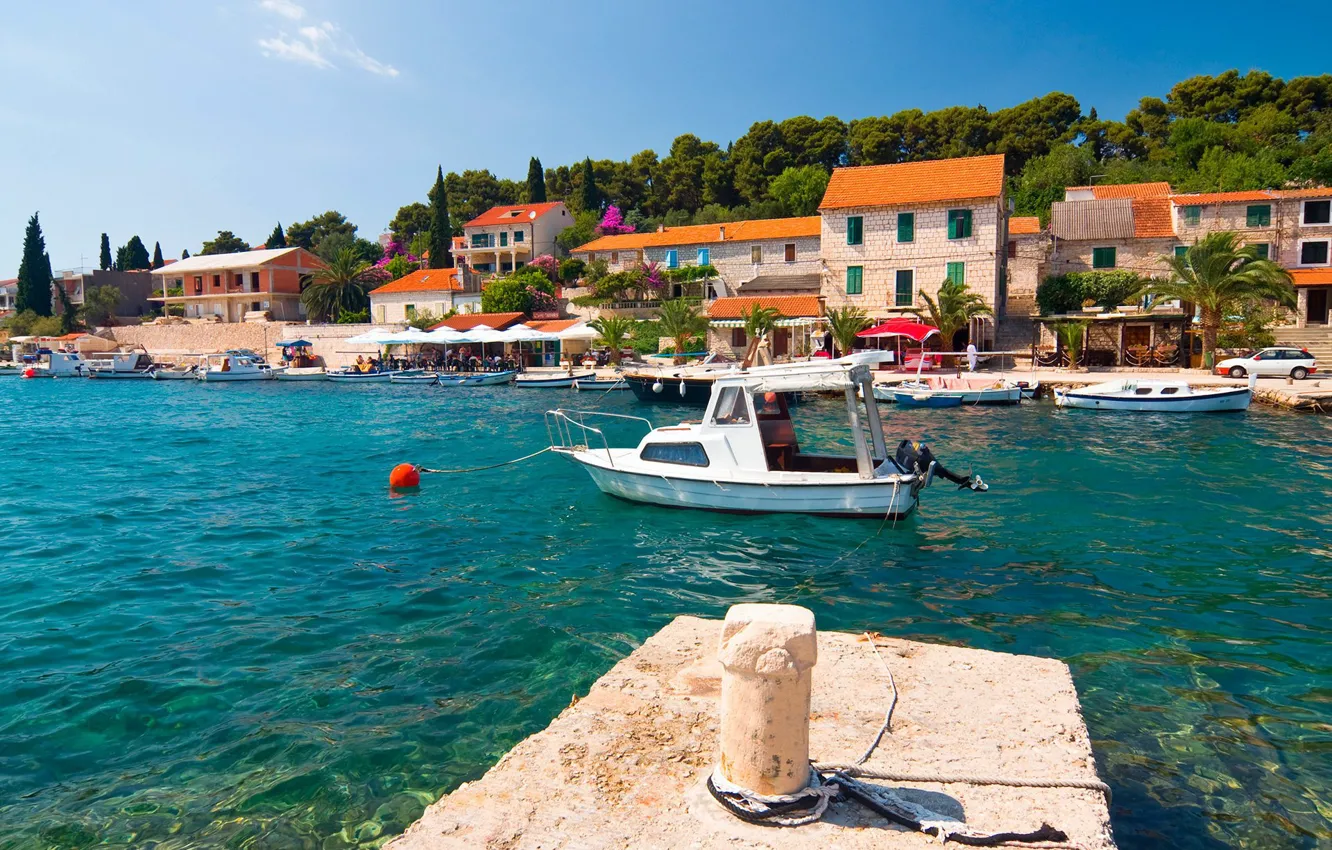 Photo wallpaper sea, boat, pier, promenade, Croatia, Adriatica, Jadran, town Maslinica