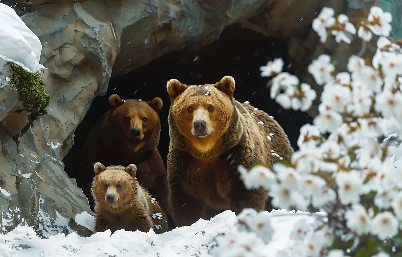Photo wallpaper snow, flowers, predator, spring, bear, cub, three, bear