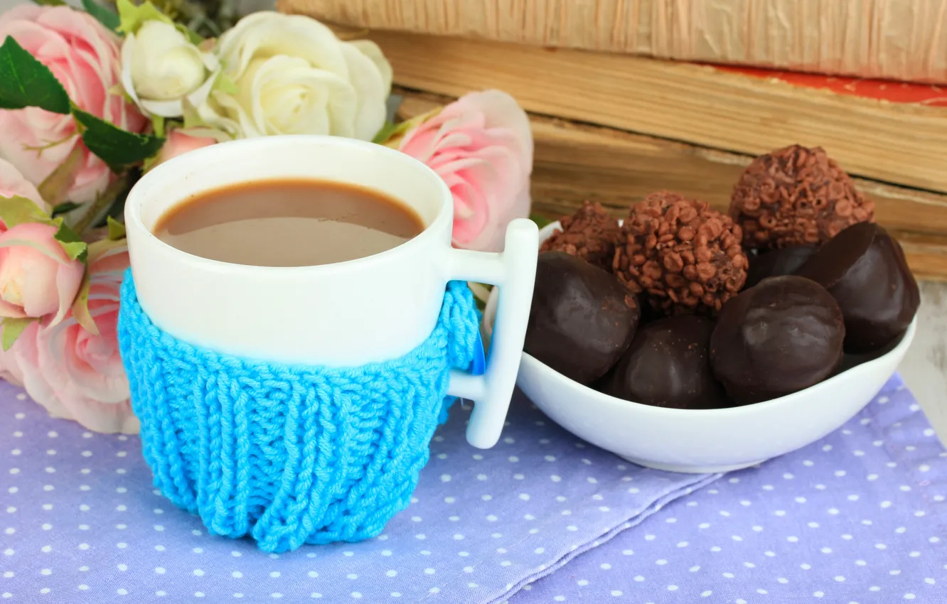 Photo wallpaper love, tea, heart, coffee, Cup, drink, flowers, chocolate
