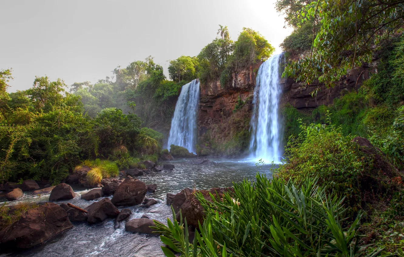 Photo wallpaper the sky, trees, river, rocks, waterfall, stream