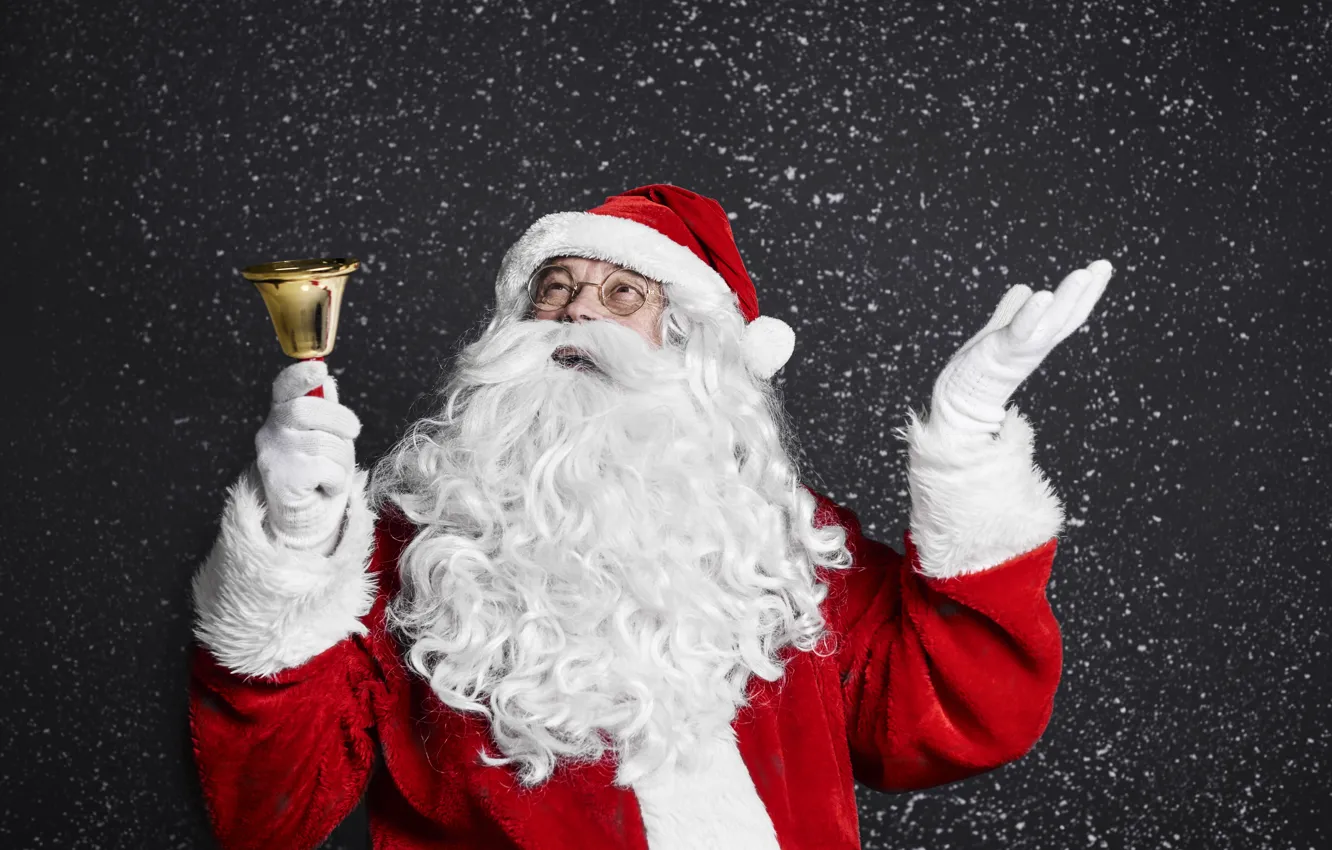 Photo wallpaper snow, the dark background, new year, hands, Christmas, Santa Claus, Santa Claus, bells