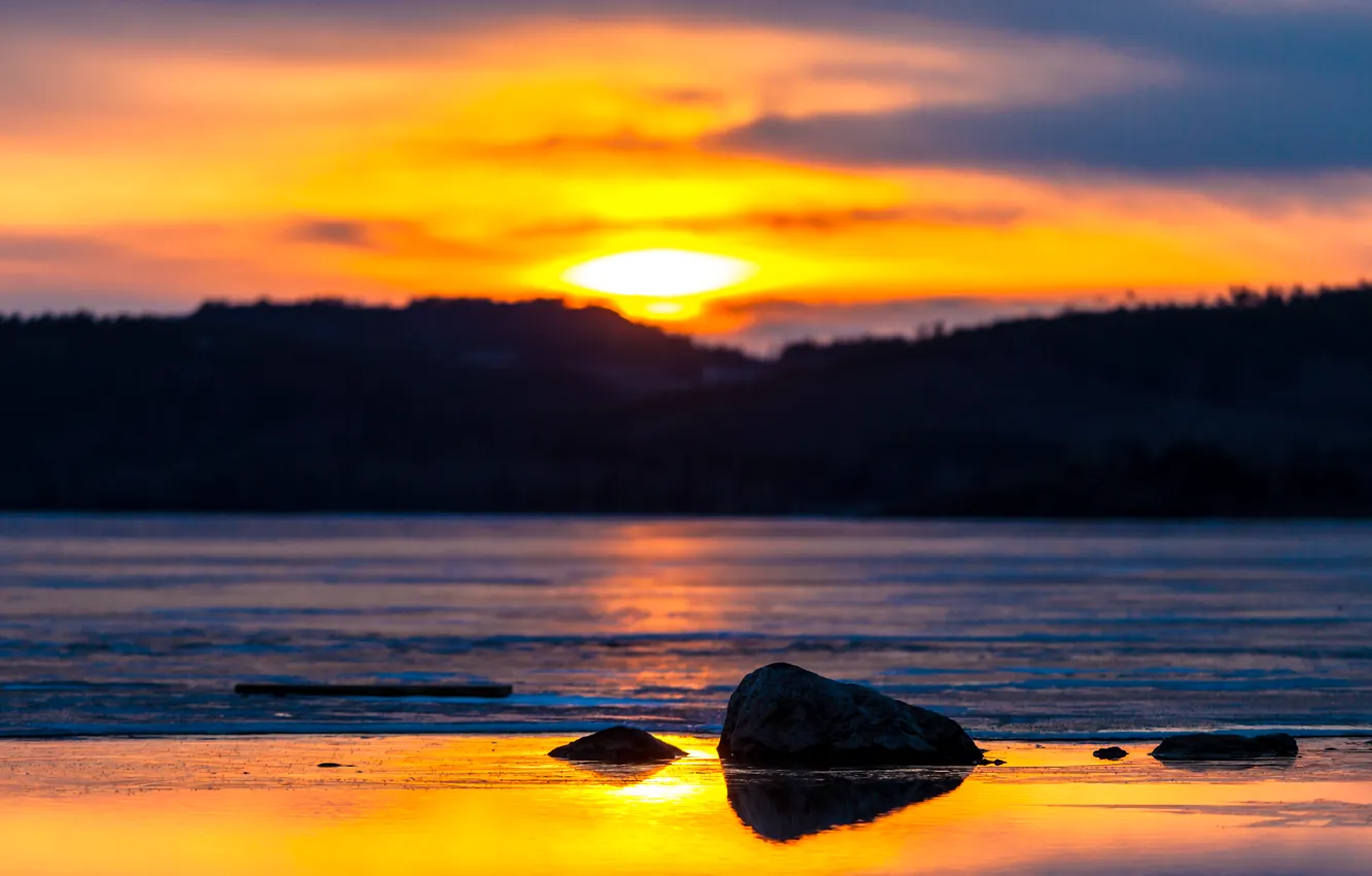 Photo wallpaper sunset, river, Hangar