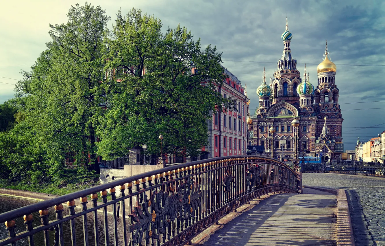 Photo wallpaper Bridge, Peter, Clouds, Saint Petersburg, Temple, Dome, Russia, SPb