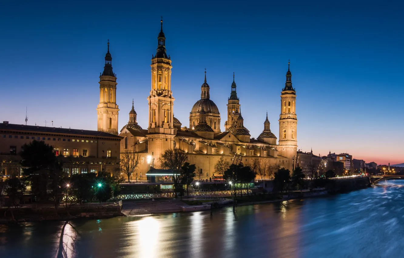 Photo wallpaper night, river, Cathedral, Spain, Zaragoza, Our Lady of the Pillar, Nuestra Señora del Pilar