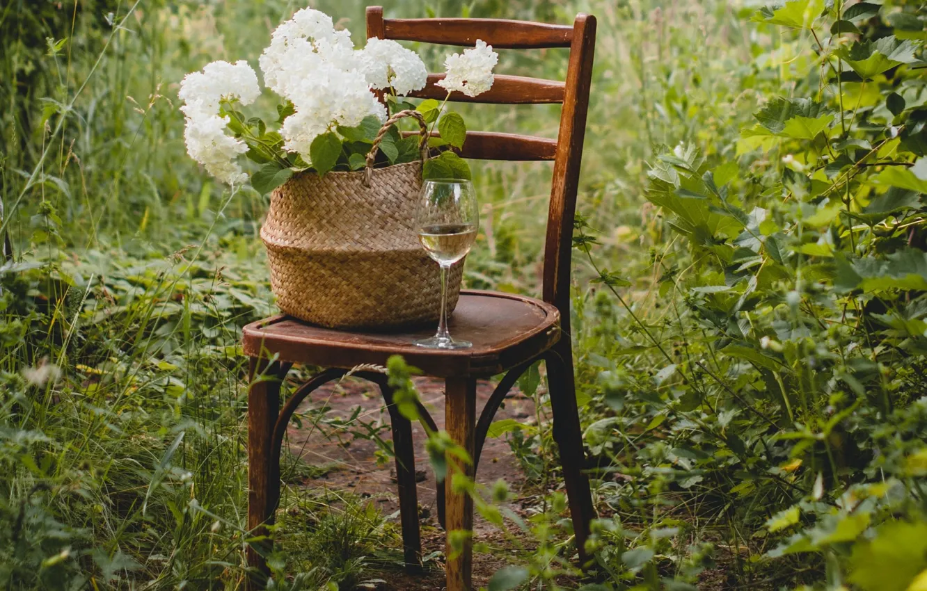 Photo wallpaper flowers, wine, basket, glass, hydrangea