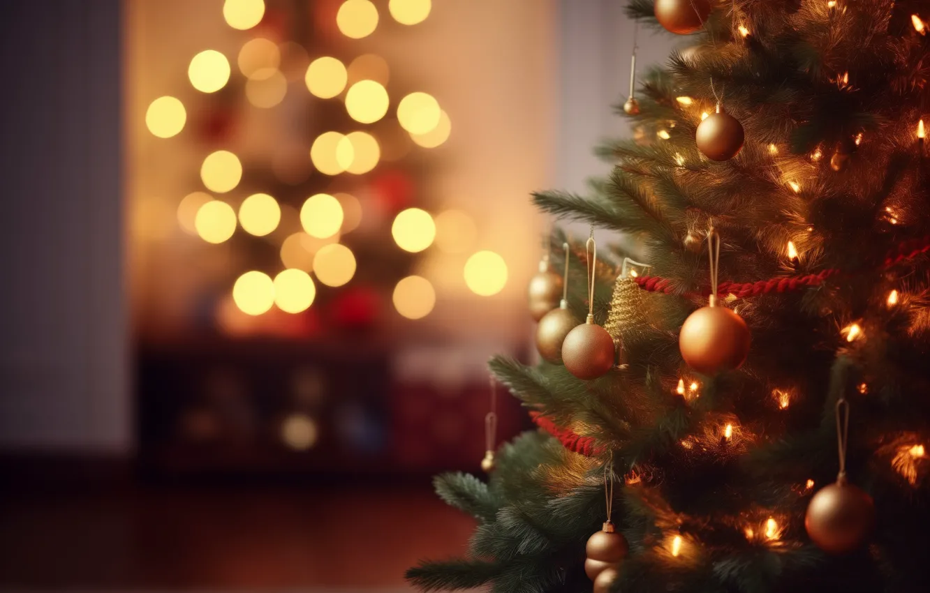 Photo wallpaper decoration, balls, tree, New Year, Christmas, golden, new year, happy