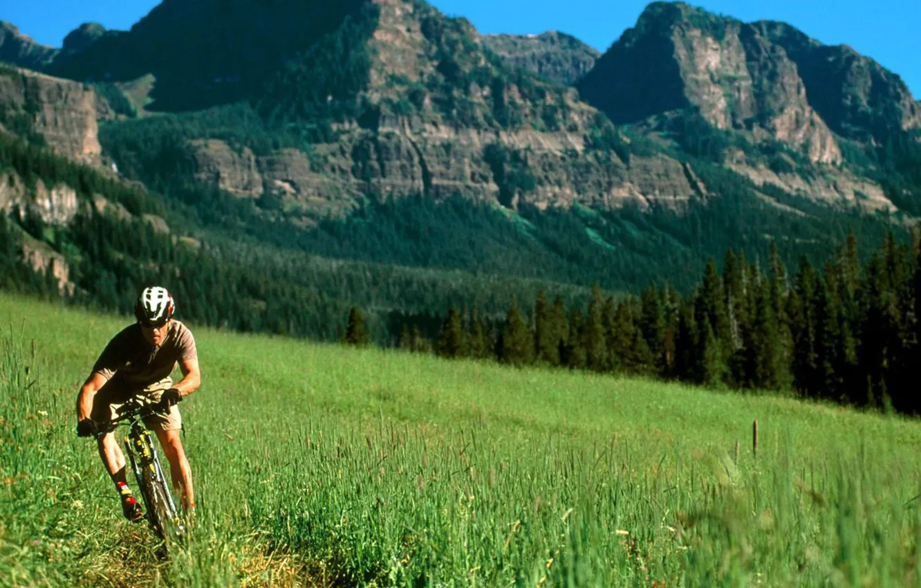 Photo wallpaper mountains, nature, sport, cyclist, mountain bike