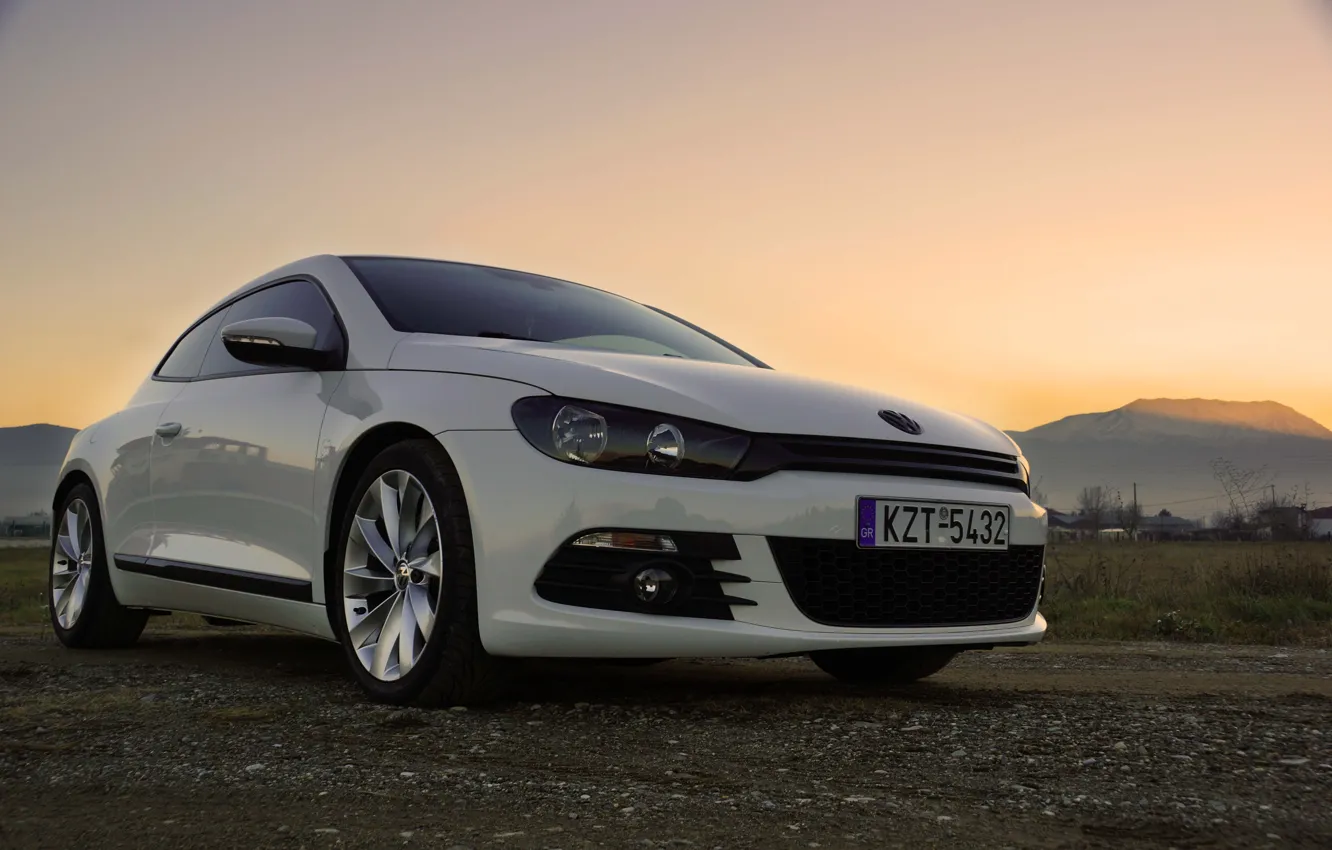 Photo wallpaper field, mountains, dawn, Scirocco, Volkswagen Scirocco