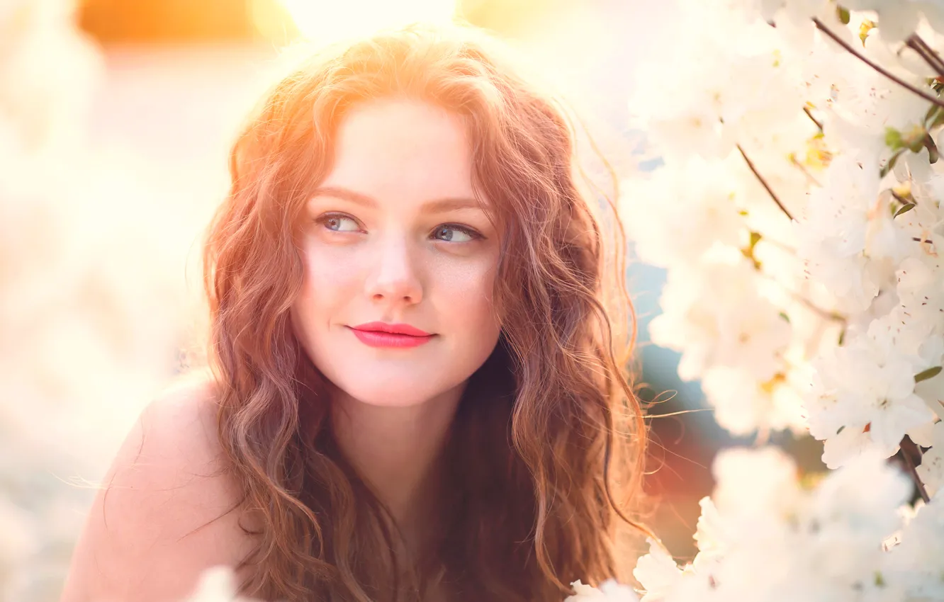 Photo wallpaper smile, makeup, girl, flowering, child photography, White flowers