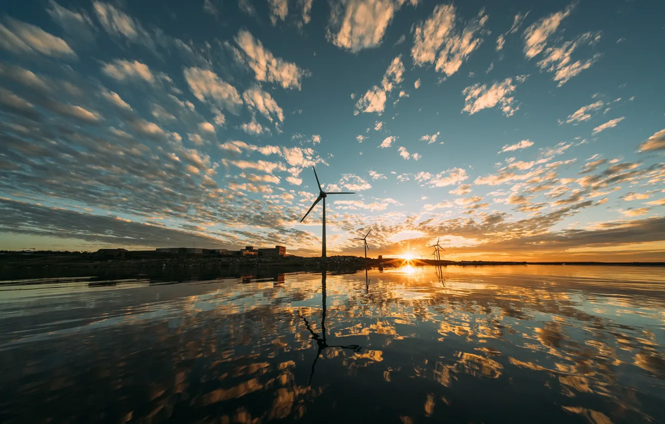 Photo wallpaper sunset, nature, windmills