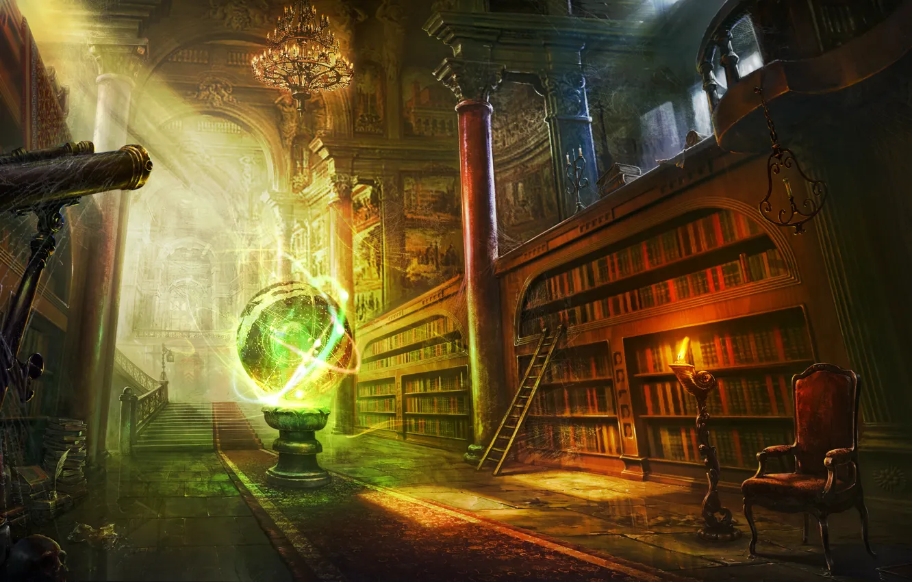 Photo wallpaper room, magic, books, ball, candle, web, chair, art