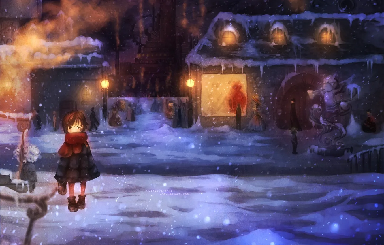 Photo wallpaper snow, night, the city, people, lights, girl, sculpture, showcase