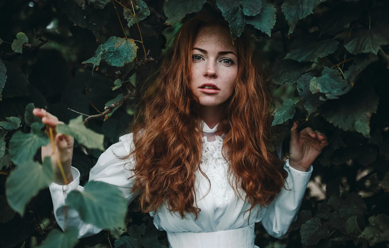 Photo wallpaper Girl, Green, Color, Eyes, Portrait, Leaves, Redheaded, Oksana Butovo