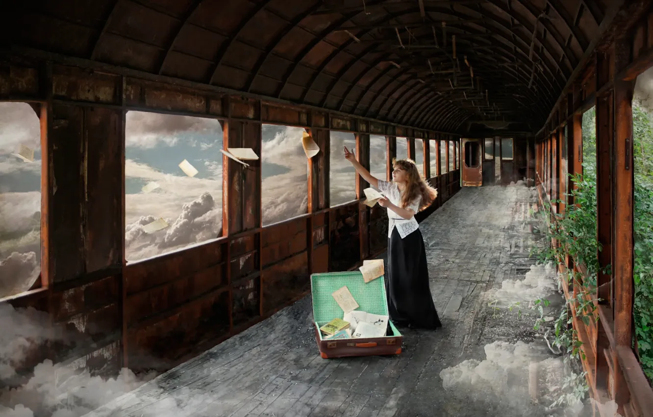 Photo wallpaper girl, clouds, fantasy, books, art, the car, suitcase, page