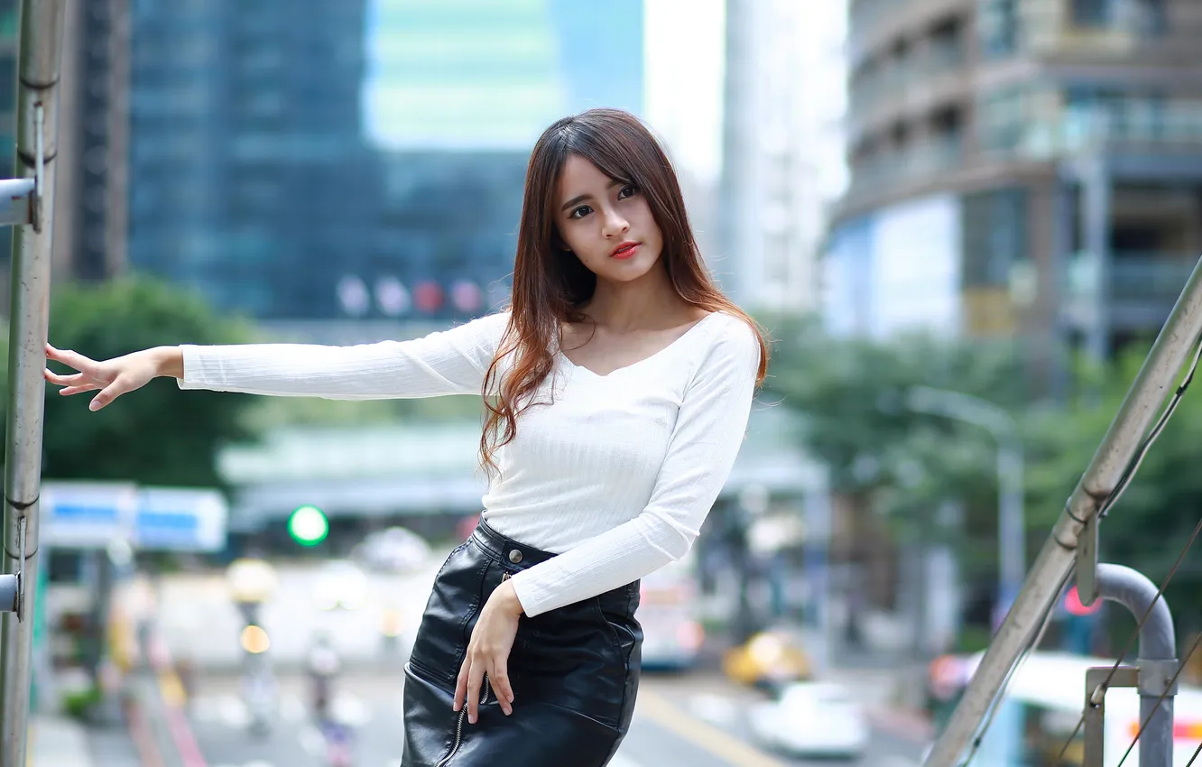 Photo wallpaper girl, pose, skirt, blouse, Asian