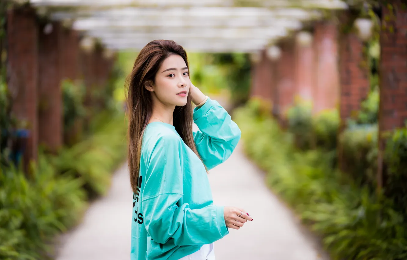 Photo wallpaper look, girl, Asian, bokeh