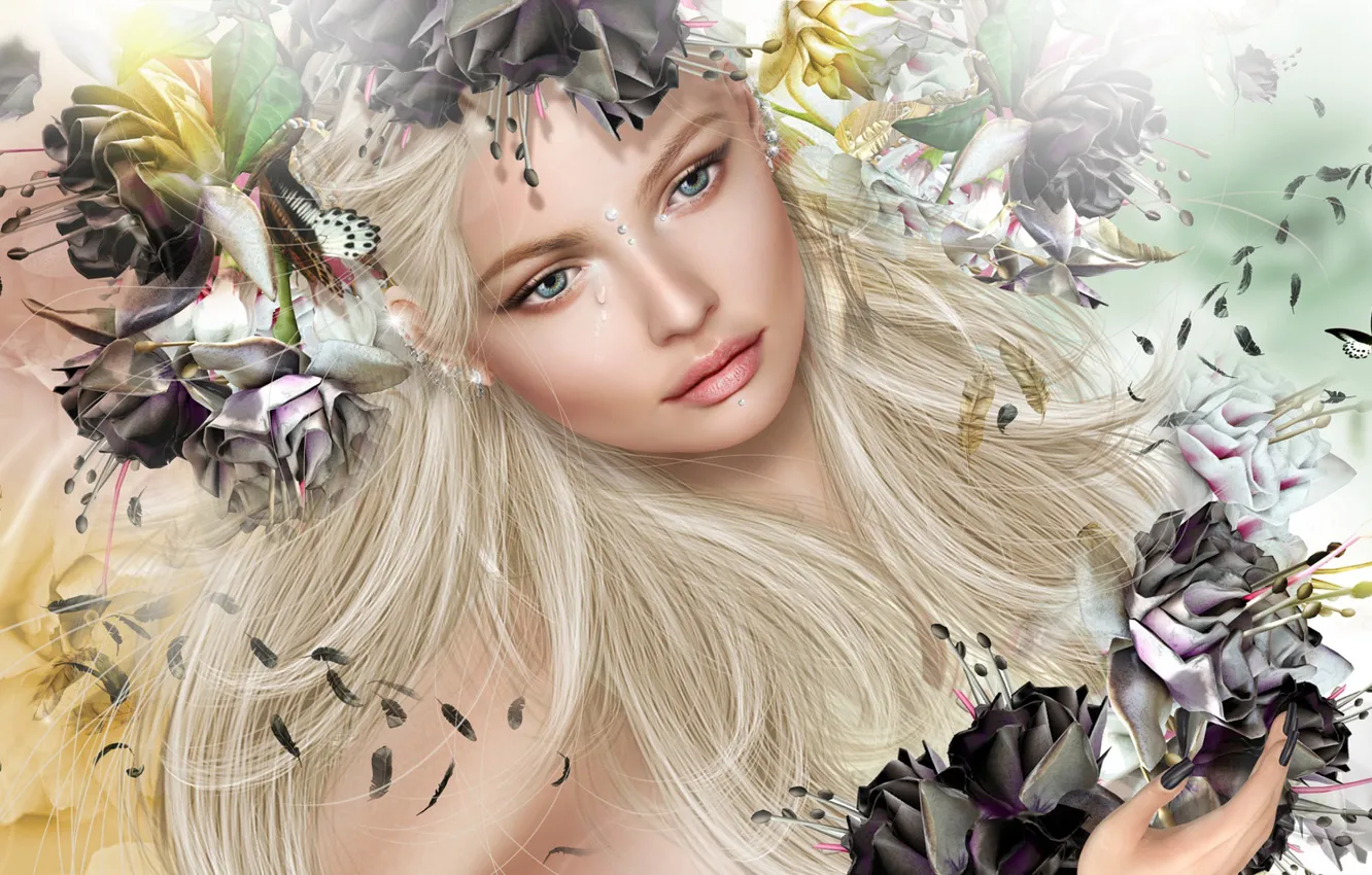 Photo wallpaper girl, flowers, tears, blonde