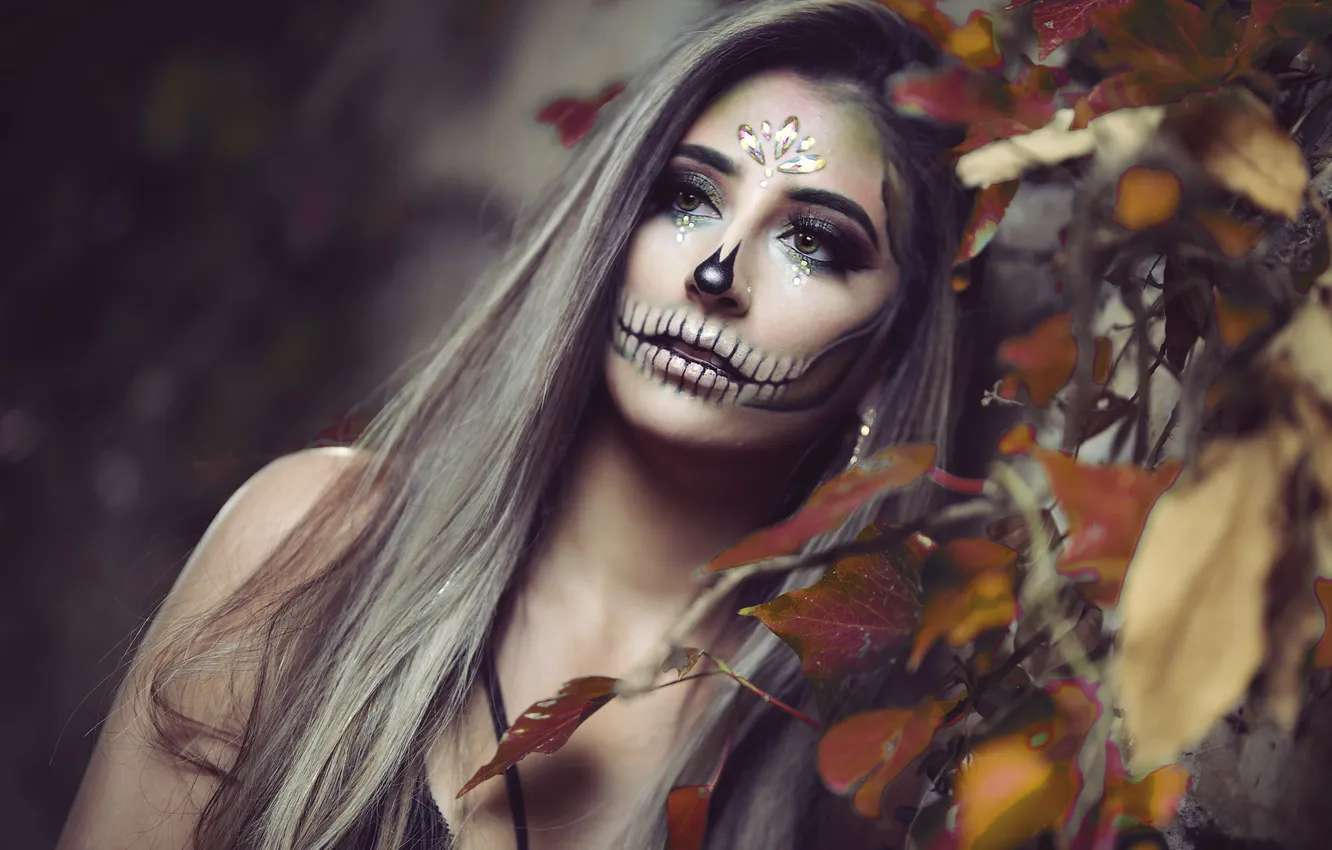 Photo wallpaper look, girl, face, style, portrait, makeup, Halloween, image