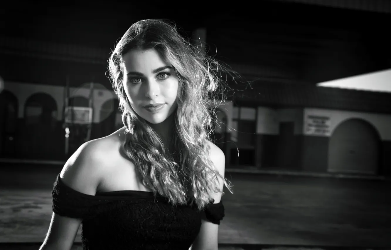 Photo wallpaper look, style, model, blonde, black and white, gas station