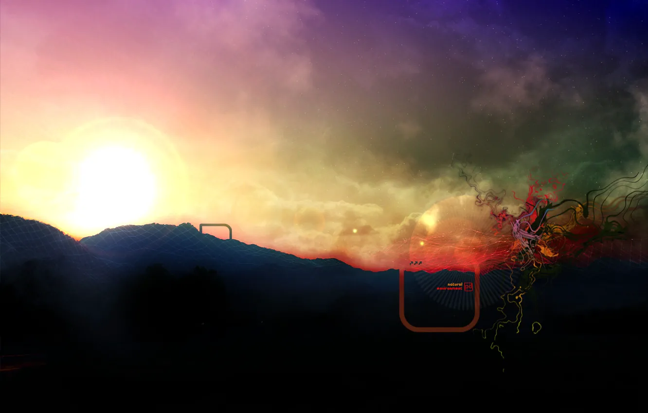 Photo wallpaper color, the sun, mountains, abstraction, mesh