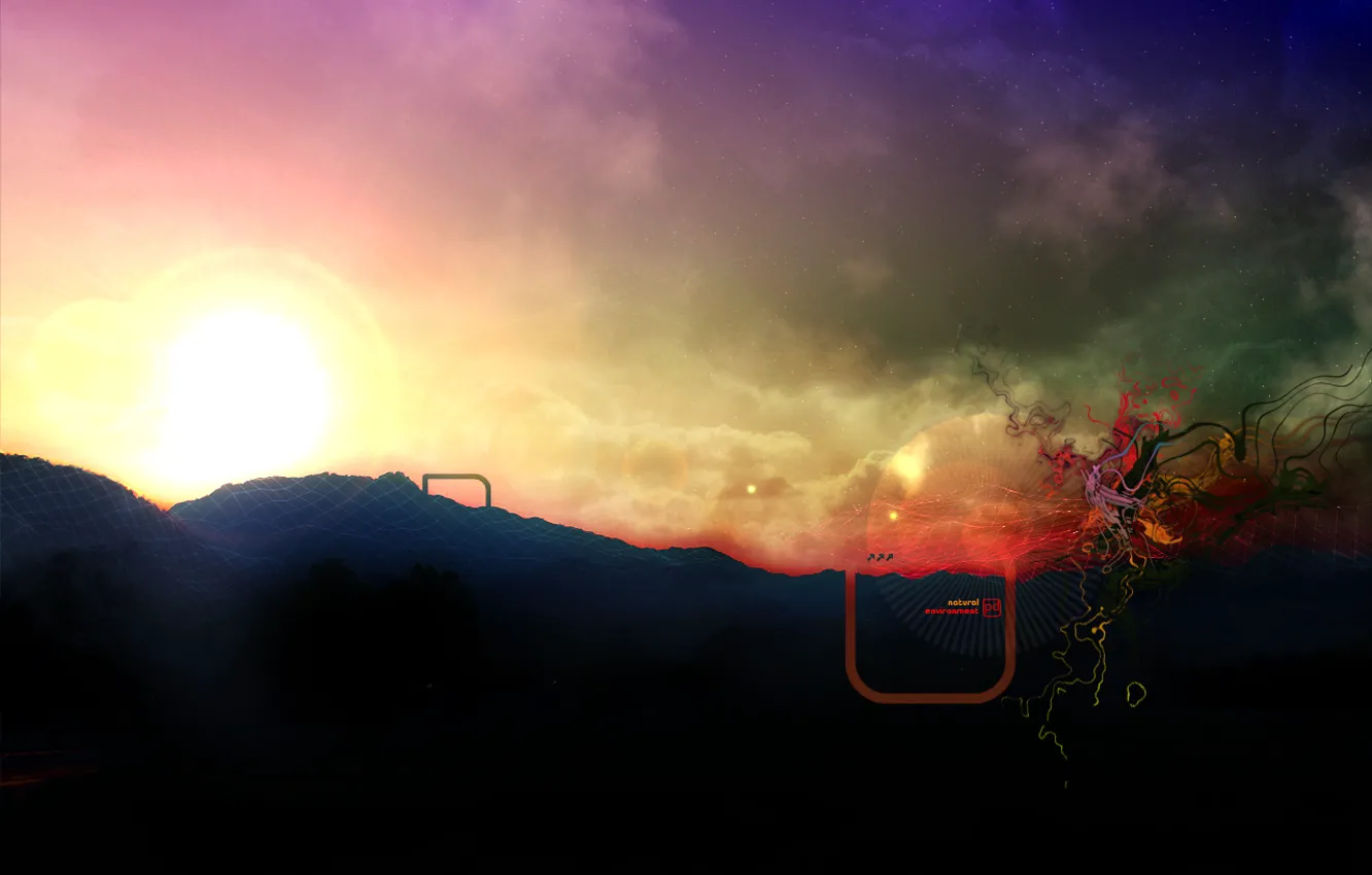 Photo wallpaper the sun, mountains, abstraction, mesh, color