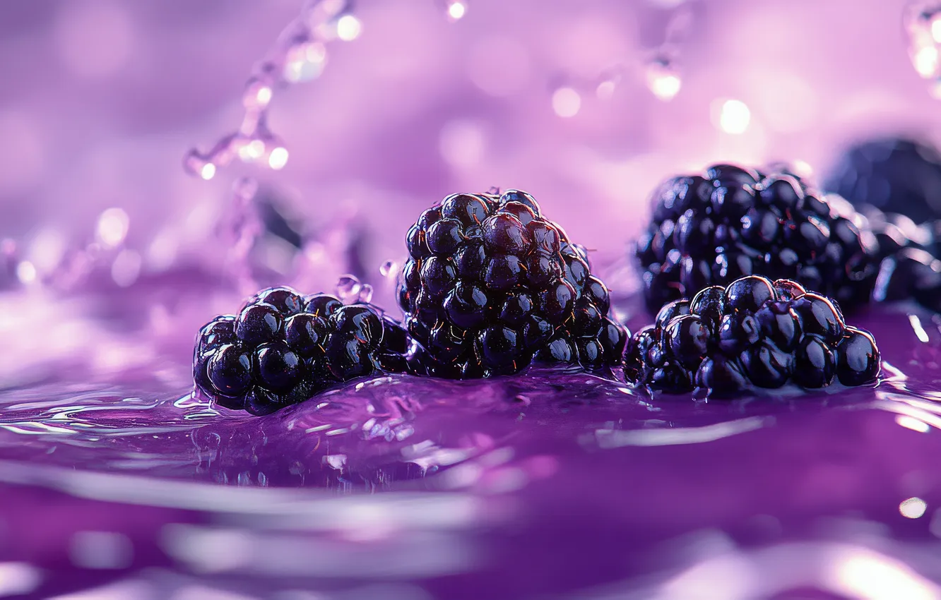 Photo wallpaper water, squirt, berries, splash, juice, in the water, BlackBerry, AI art