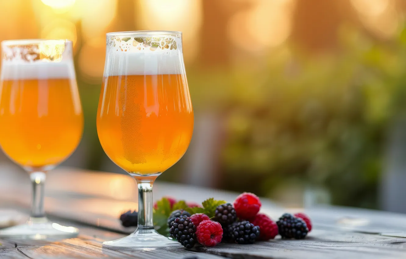 Photo wallpaper glass, foam, nature, berries, raspberry, Board, glass, beer