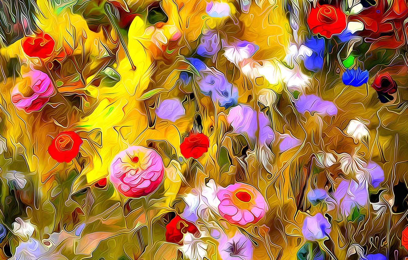 Photo wallpaper line, flowers, rendering, paint, garden, meadow, touch