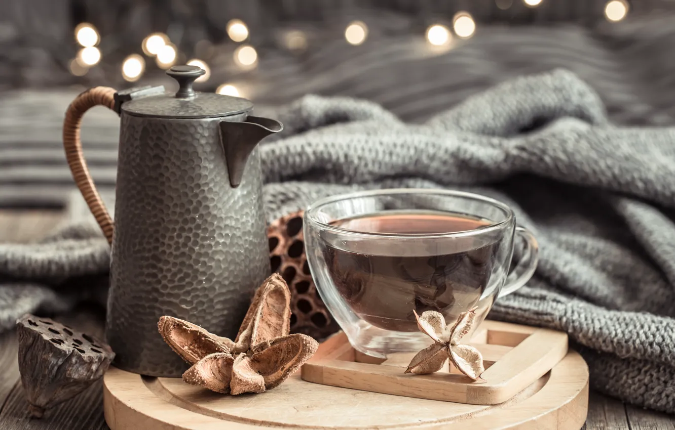 Photo wallpaper autumn, leaves, wool, autumn, leaves, sweater, coffee cup, a Cup of coffee