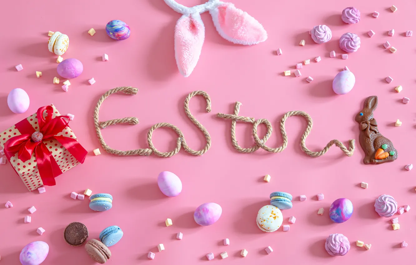 Photo wallpaper holiday, box, gift, the inscription, eggs, spring, rope, rabbit
