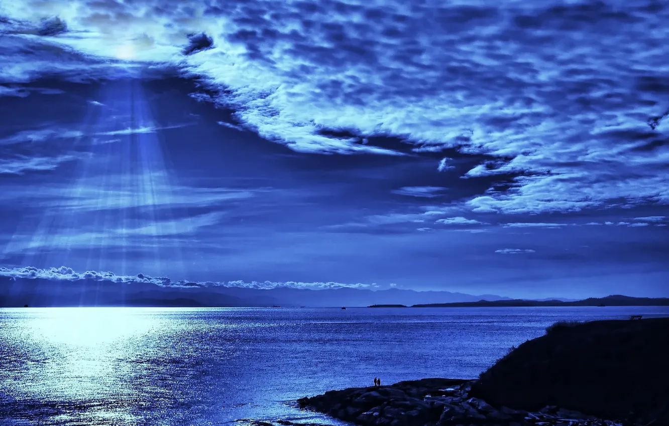Photo wallpaper sea, the sky, water, clouds, rays, landscape, night, nature