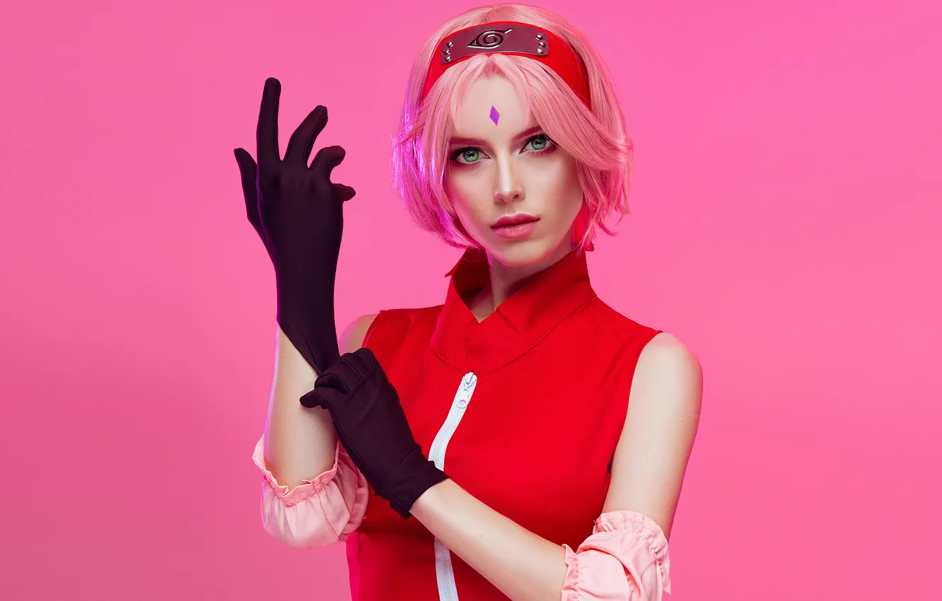 Photo wallpaper pink background, cosplay, Sakura Haruno