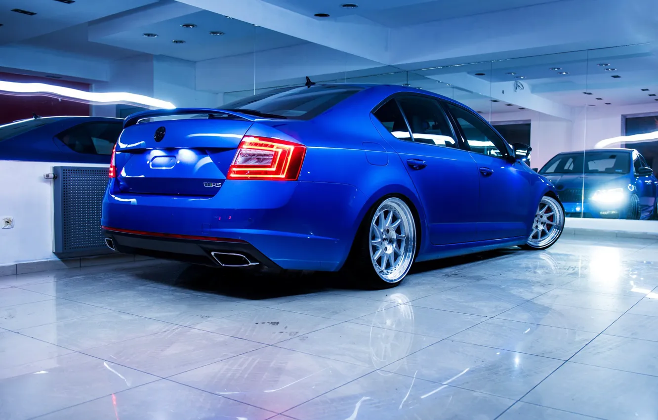 Photo wallpaper Blue, Stance, Skoda, Rear, Octavia, Octavia RS, Skoda Octavia RS, Skoda Octavia