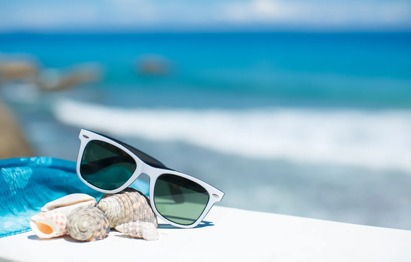 Photo wallpaper summer, beach, sea, sun, blue sky, glasses, vacation, shells