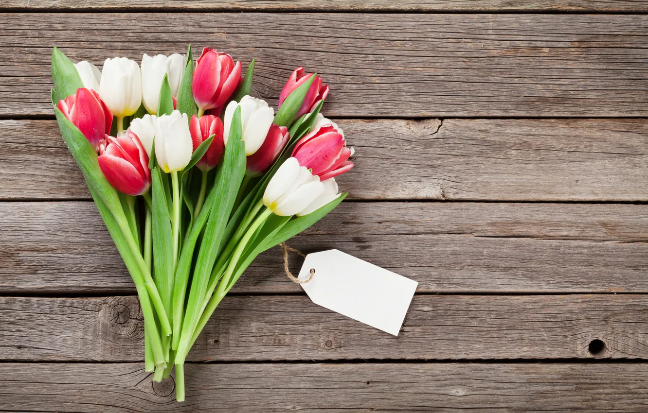 Photo wallpaper flowers, bouquet, tulips, red, white, wood, flowers, tulips