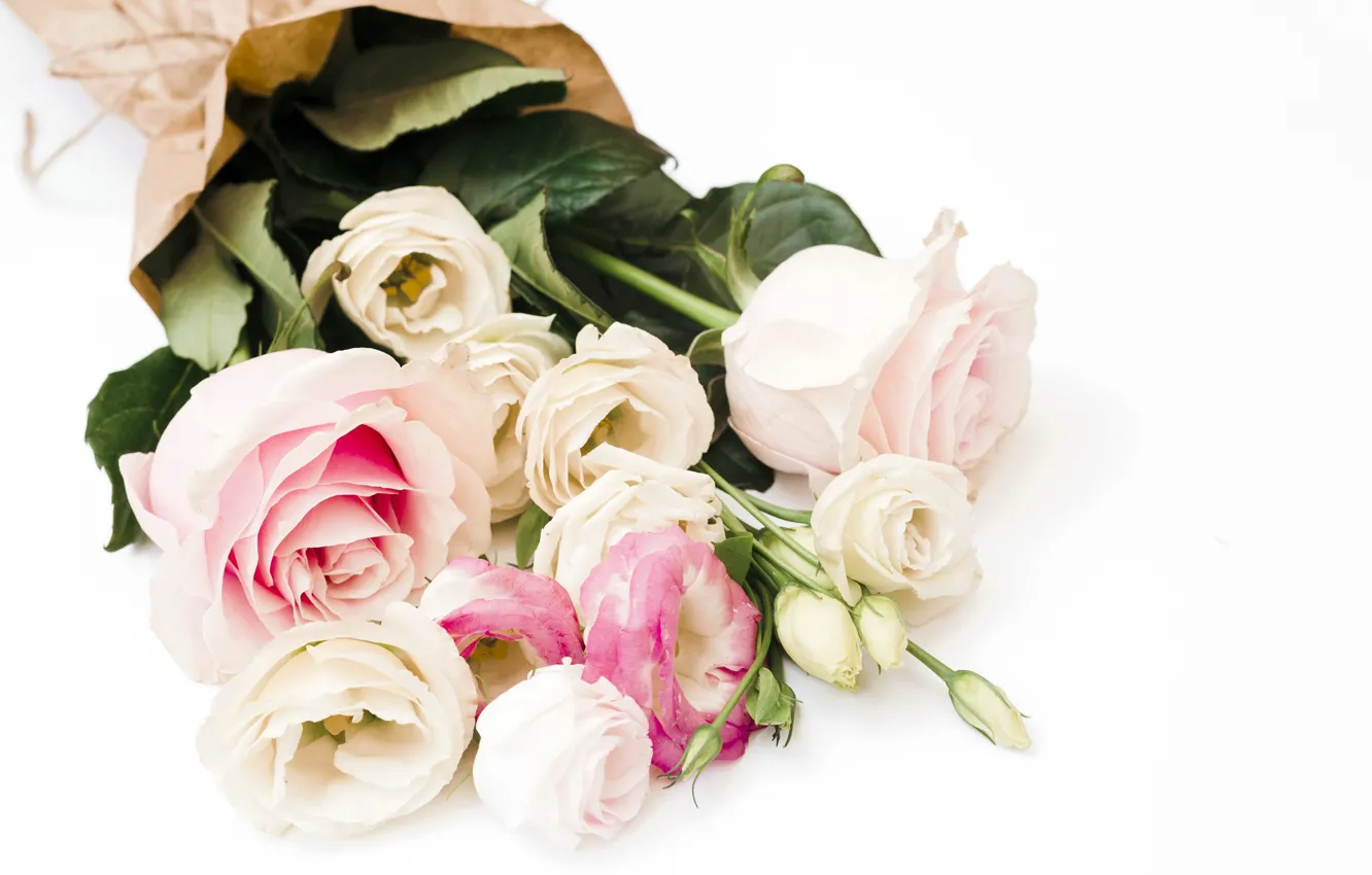 Photo wallpaper flowers, roses, bouquet, pink, flowers, roses, eustoma, eustoma