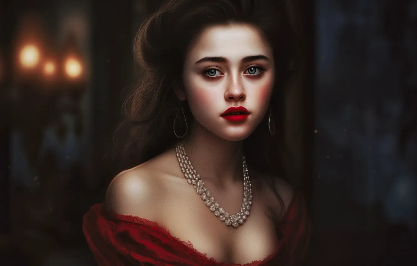 Photo wallpaper chest, look, girl, pose, the dark background, portrait, earrings, necklace