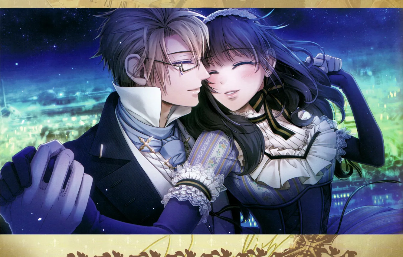 Photo wallpaper night, smile, dance, glasses, costume, gloves, corset, visual novel