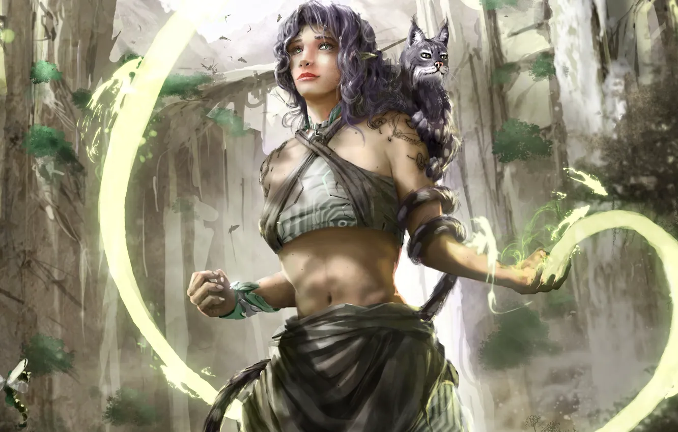 Photo wallpaper cat, girl, magic, elf, art, lynx, ptitvinc