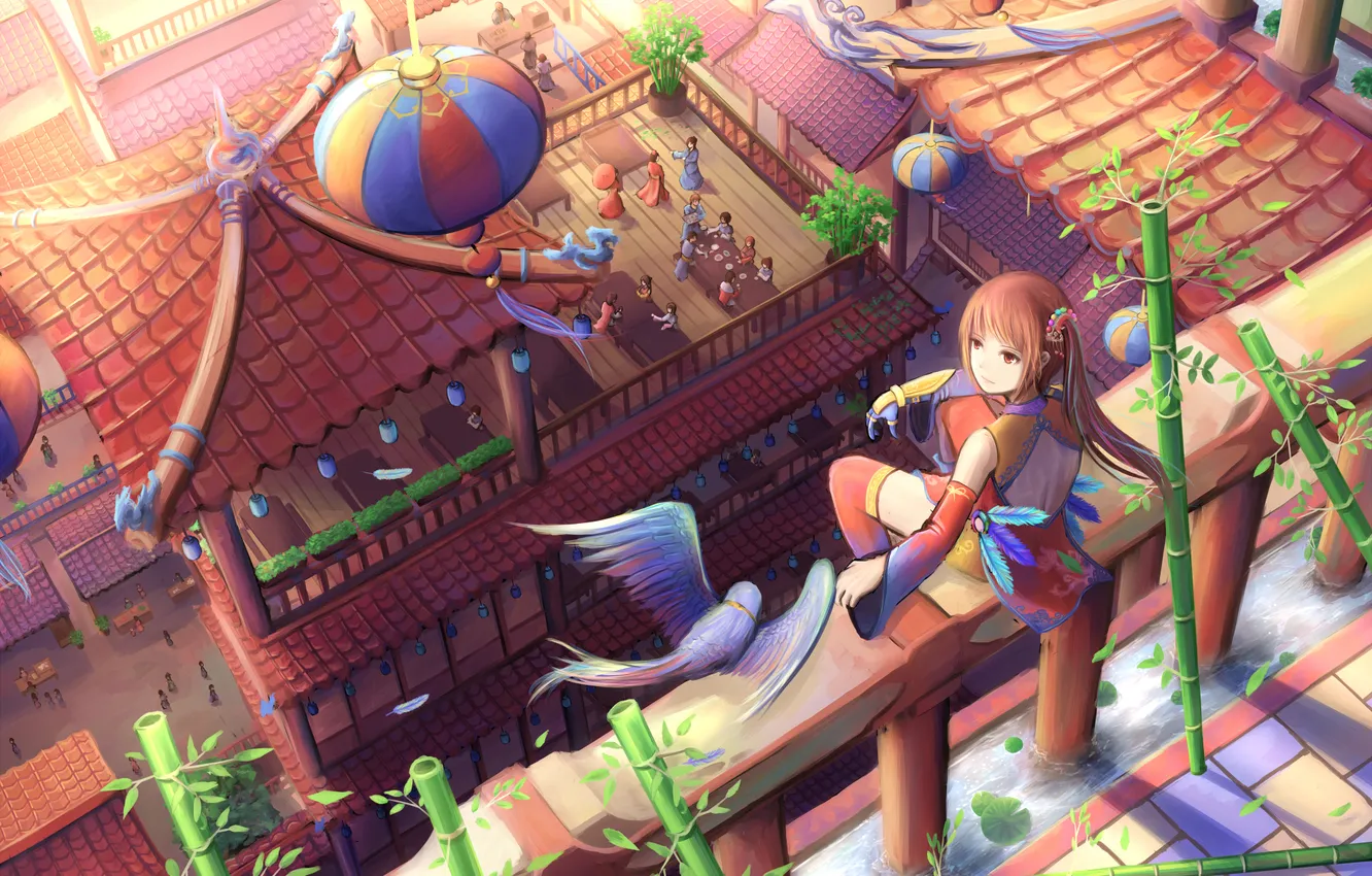 Photo wallpaper girl, the city, smile, people, bamboo, sitting, art, misaera