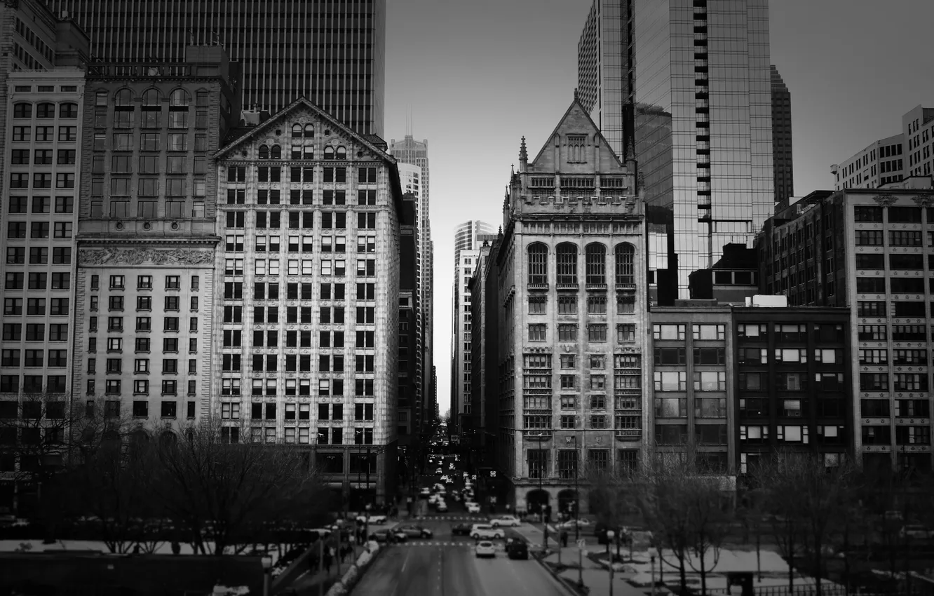 Photo wallpaper building, skyscrapers, Chicago, black and white, USA, America, Chicago, skyscrapers