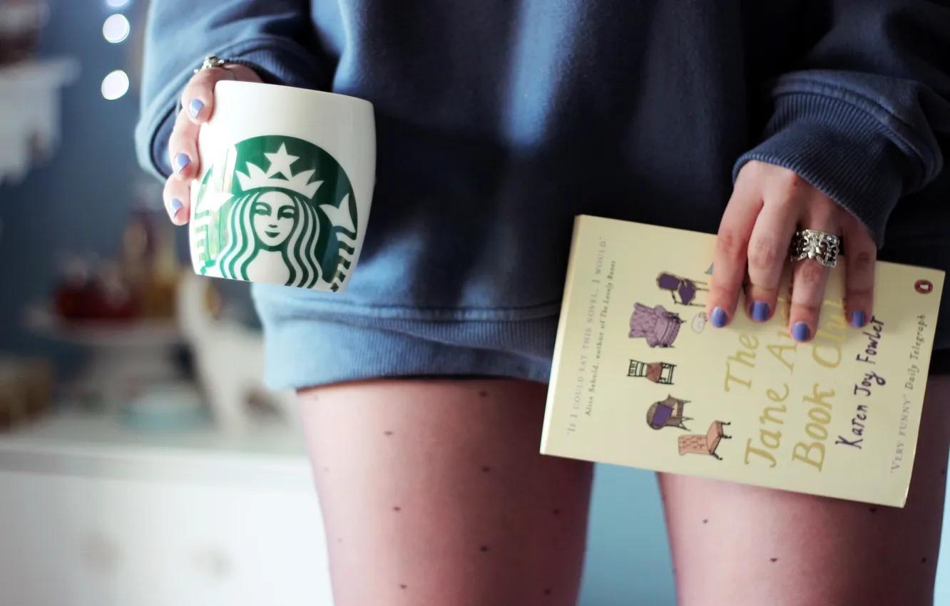 Photo wallpaper girl, Cup, book