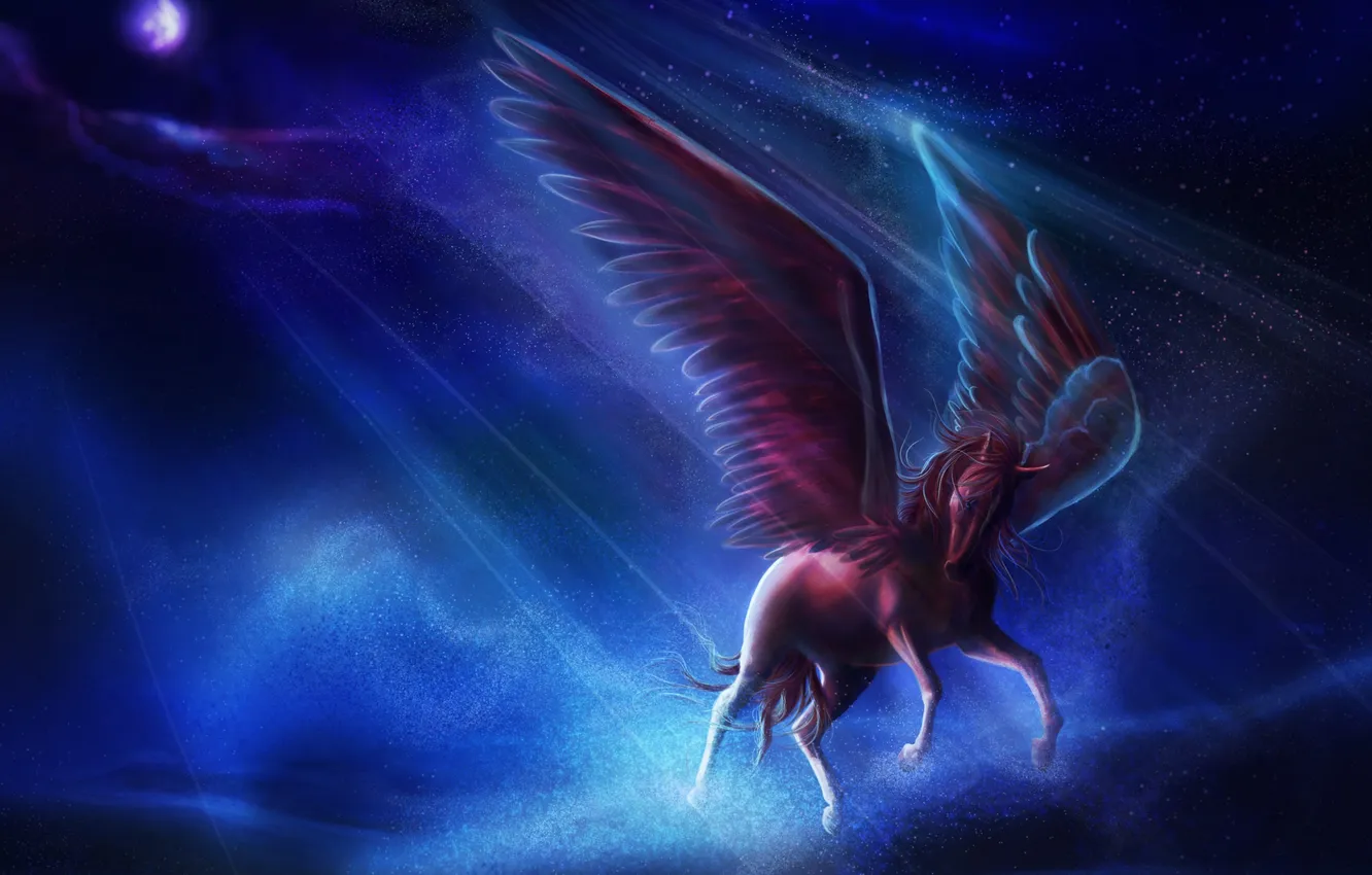Photo wallpaper stars, night, fiction, the moon, wings, art, Pegasus
