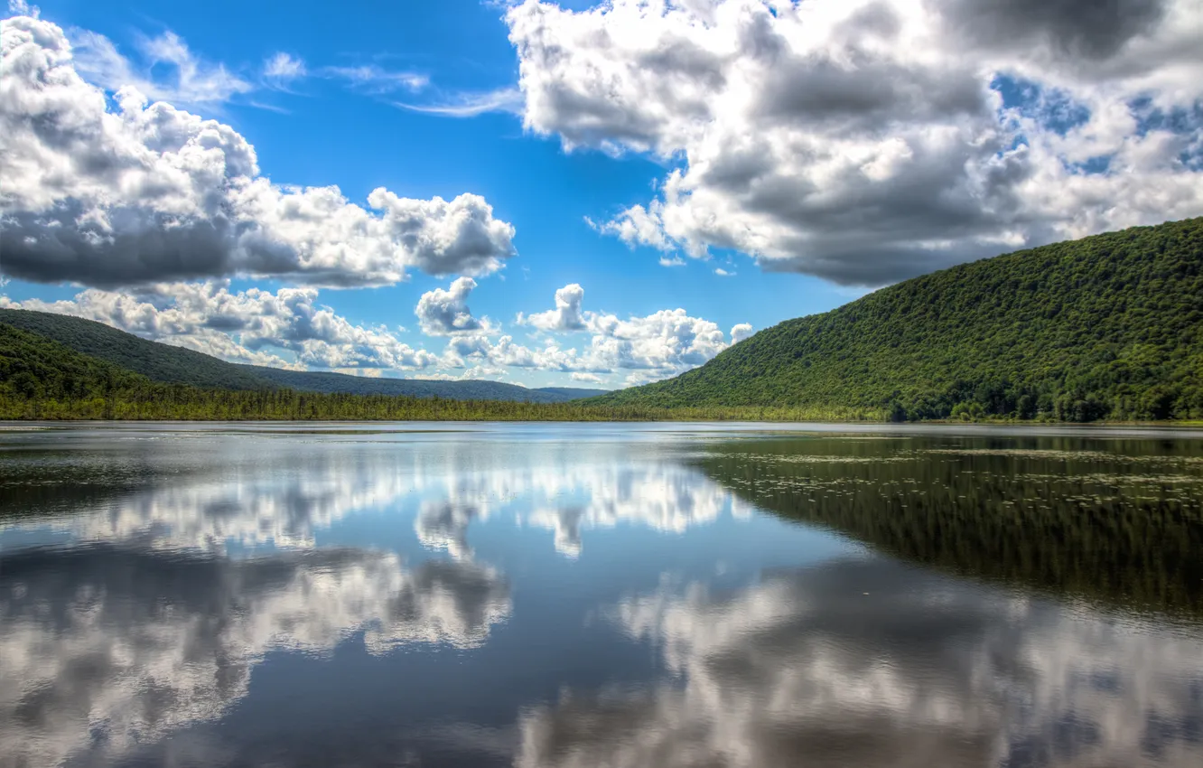 Photo wallpaper clouds, trees, lake, reflection, hills