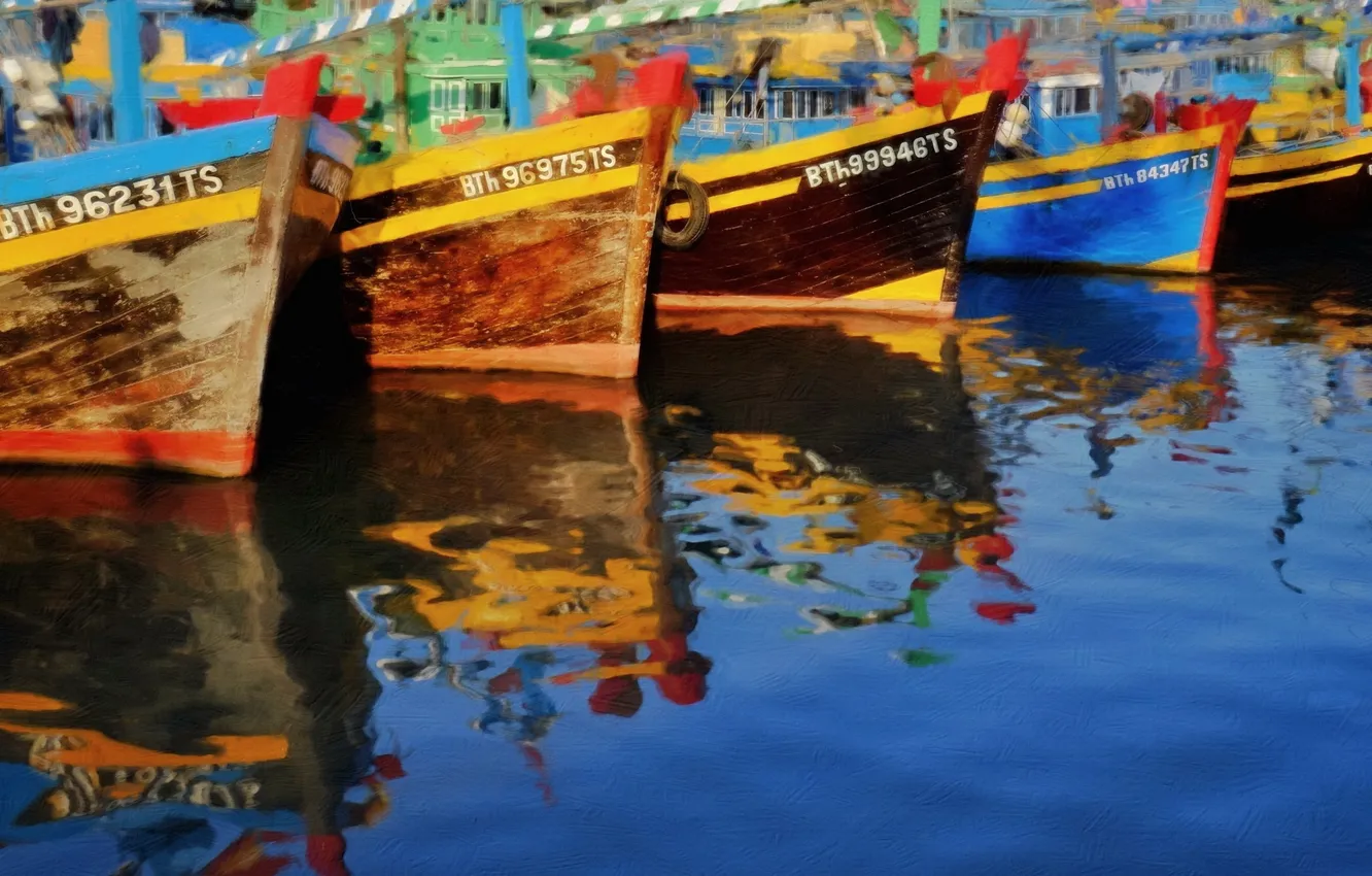 Photo wallpaper river, color, boats