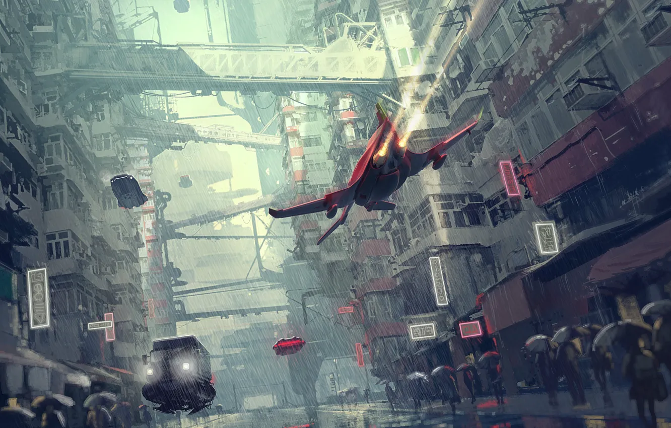 Photo wallpaper city, the city, fiction, rain, transport, people, fantasy, the shower