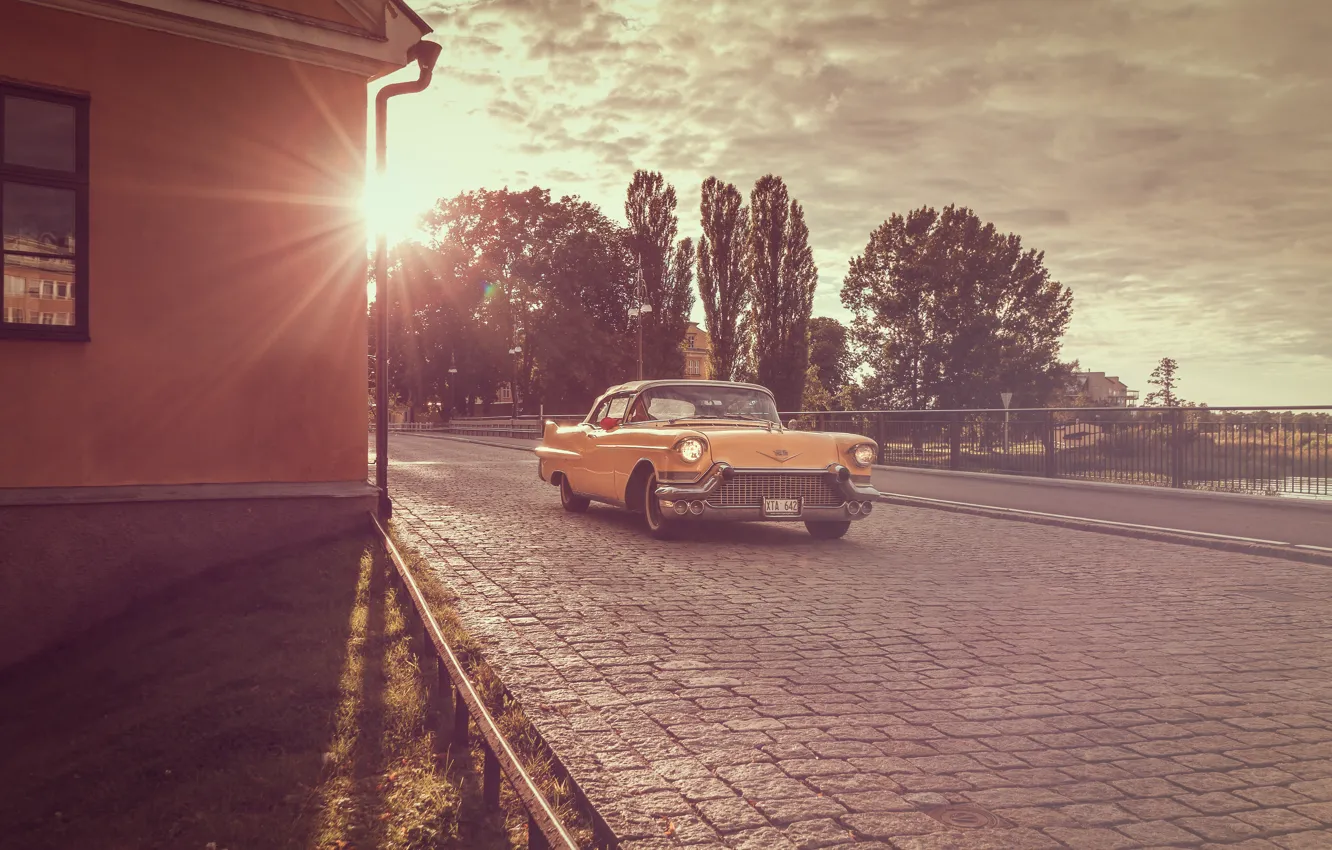 Photo wallpaper Cadillac, yellow, sunset, 1956, Coupe DeVille