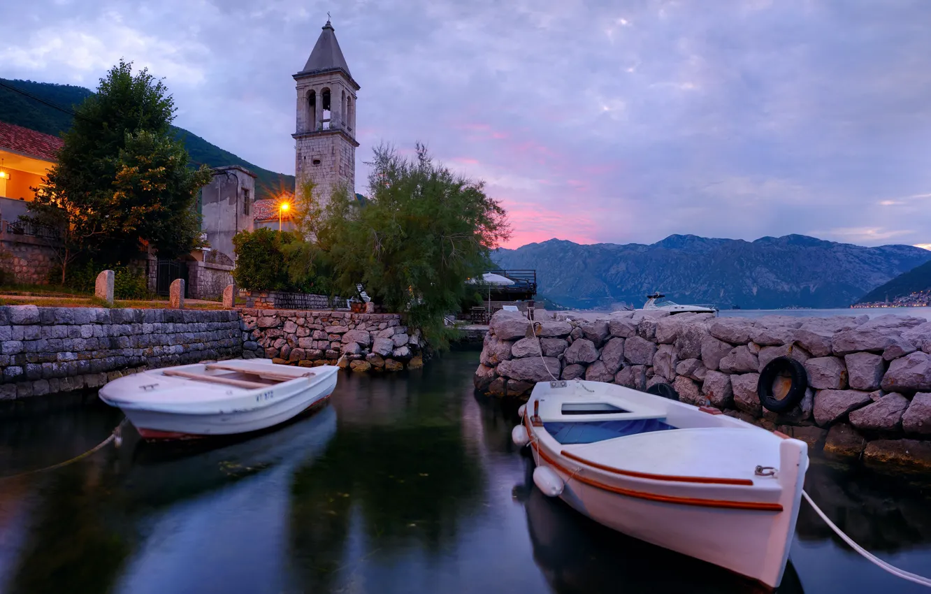 Photo wallpaper water, landscape, mountains, Bay, boats, the evening, lighting, lights